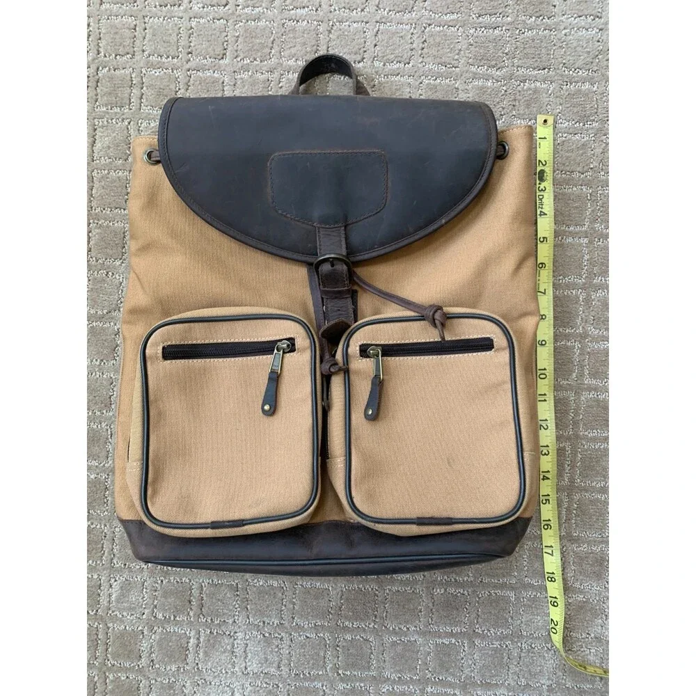 Canyon Outback VTG Leather Canvas Backpack Cinch Buckle Brown Tan Classic 90s